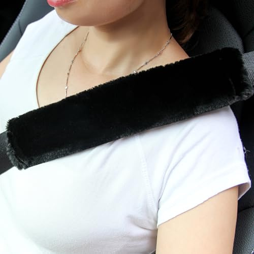 Amooca 2-Pack Soft Furry Universal Seatbelt Cover – Shoulder Pad for Car Truck SUV Airplane Bus – Relieves Neck & Shoulder Pressure – Fits Backpack, Camera Bag, Laptop Bag Straps (10.5 Inch, Black)