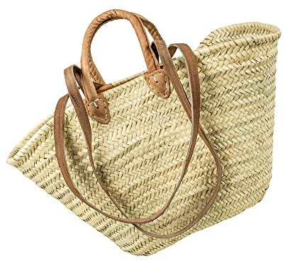 Adam Schmidt | Umhängetasche IBIZA mit Lederschulterriemen und Ledergriffen | ca. 53 x 26 cm - Füllhöhe ca. 33 cm | Palmblatt | ideal für Strand, Badesee oder Einkaufen