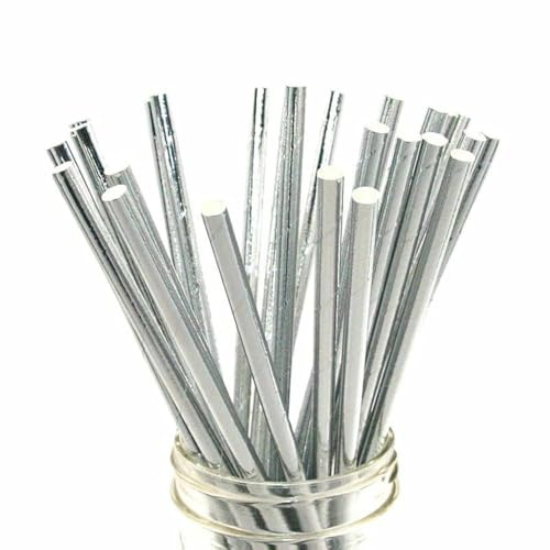Shining Silver Paper Straws for Drinking, 100 Disposable Metal Silver Cocktail Straw, Solid Sliver Straws for Wedding Christmas Party Decoration