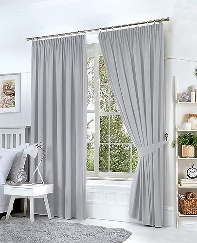 Hachette Thermal Blackout Curtains Pencil Pleat Tape Top Including Pair of Tiebacks (Silver Grey, 66 X 90)
