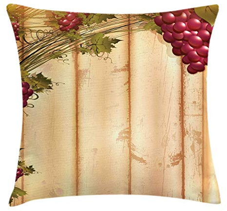 ABAKUHAUS Fence Throw Pillow Cushion Cover, Grapevine Branches on Wooden Planks Flowering Plants Pruning Merlot, Decorative Square Accent Pillow Case, 18 X 18 Inches, Sand Brown Ruby