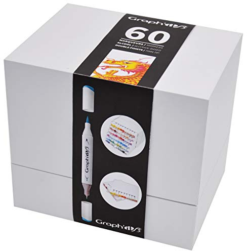 GRAPH’IT Kit Dessin 60 Marqueurs Brush - Pointe Pinceau et Extra Fine - Marqueurs à Alcool Rechargeables - Idéal Illustration, Manga et Design - Rangement Feutres Pratique, Palette Couleurs
