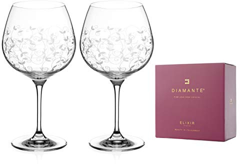 DIAMANTE Gin Copa Glass Pair Crystal Gin Glasses- 'Floral' Collection Hand Etched Crystal Balloon Glasses - Set of 2