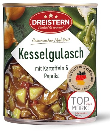 DREISTERN Kesselgulasch 800g I Mit Kartoffeln & Paprika I Herzhaftes Fertiggericht in recyclebarer Konservendose I Lange Haltbarkeit dank natürlicher Konservierung I Hausmacher Qualität