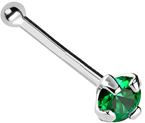 22G Solid 14Kt Gold Nose Bone Stud with Prong Set real Emerald Gemstone, 14kt Yellow Gold or 14kt White Gold - May Birthstone Nose Ring, Metal, emerald