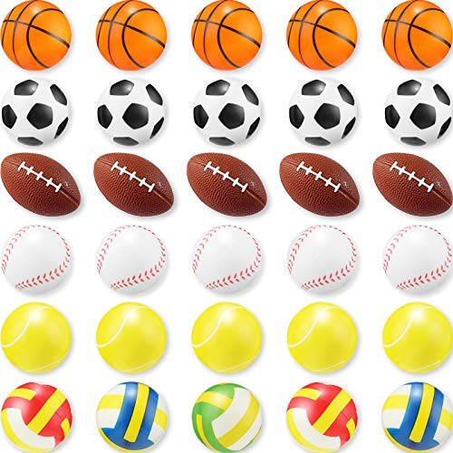 Skylety 30 Pieces Mini Stress Balls 2.5 Inch Foam Sports Balls for Boys Girls, Includes Basketball, Football, Baseball, Soccer, Tennis, Volleyball Foam for Stress Relief, Party Favor Toys Games