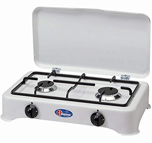 Hornillo de 2 fuegos a gas metano con válvula de seguridad para uso interior, Estufa Portátil CFParker Made in Italy - 5326 GPSm