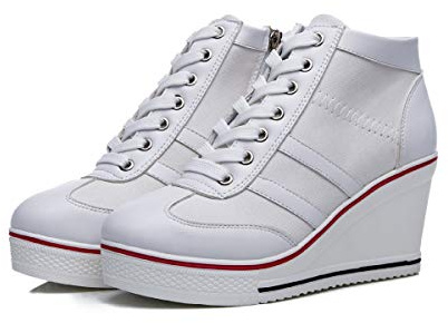 Mei MACLEOD Women Wedge Sneakers Platform Wedge High Heel Sneakers Ankle Booties Casual Canvas Shoes White