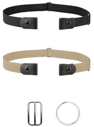 MELLIEX 2 Stück Elastischer Gürtel für Damen Herren, Ohne Schnalle Gürtel Stretchgürtel Unsichtbarer Taillengürtel mit 2 Metall Schnalle für Jeans Hosen Kleid, Schwarz und Khaki