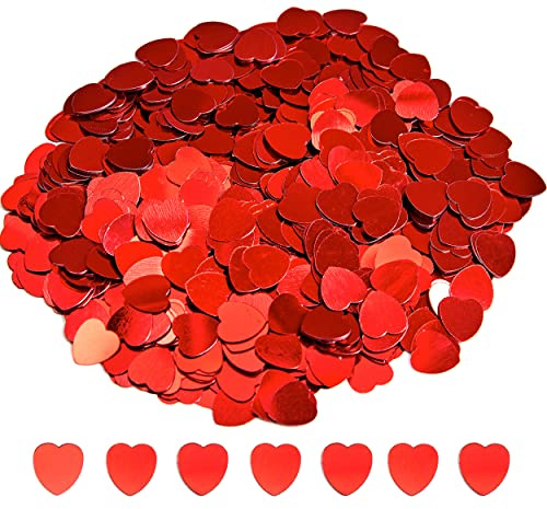 1000pc Metallic Red Love Heart Confetti for Valentines Decorations - 10mm Love Heart Confetti for Table - Shiny Red Foil Sequins as Valentines Day Decorations or Engagement Party