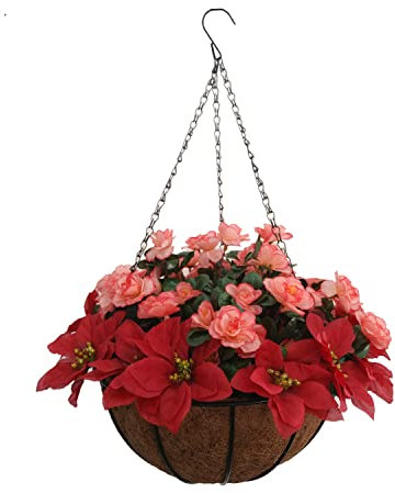 Haus Und Hof Urlaub Hübsche Seide Rote Weihnachtsblume Künstliche Weihnachtsstern Und Künstliche Champagner Azaleen Blume DIY Kette Hängender Korb Weihnachtsdekoration (Medium Basket)