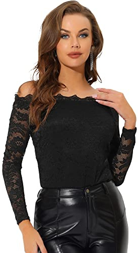 Allegra K Women's Floral Lace Off Shoulder Sheer Long Sleeves Blouse Top Black L-16