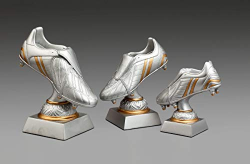 eberin · Fussball-Pokal, Resinfiguren Fußballschuh, Silber mit Gold, mit Wunschtext, wählbar in 3 Größen, oder als 3er-Serie