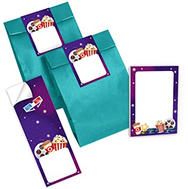 Junapack 12 Mini-Notizblöcke + 12 Geschenktüten (Petrol) + 12 Aufkleber Kino Kino-Party Mitgebsel Gastgeschenk beim Kindergeburtstag Jungen Mädchen