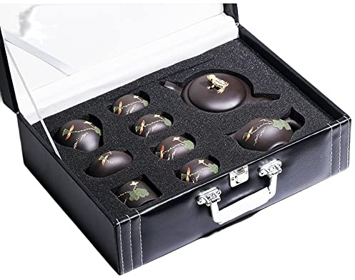 YlobdolY Chinesische Yixing Zisha Teekanne Set,handgemachte Keramik lila Ton Teeservice,Lotus Frosch Malerei Relief Teekanne mit Teetassen,Teekanne,Teeschale,Teesieb und Geschenk-Box
