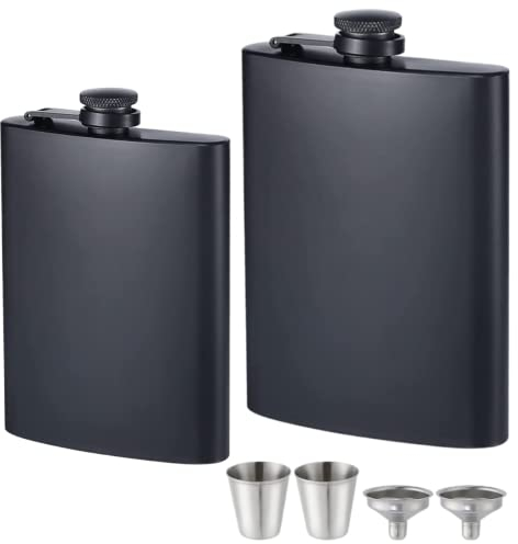 2 Pack Stainless Steel Leakproof Hip Flasks - 8 Oz & 12 Oz with Funnels, Cups & Never-Lose Metal Cap - Perfect for Wedding Party Gifts & Outdoor Activities