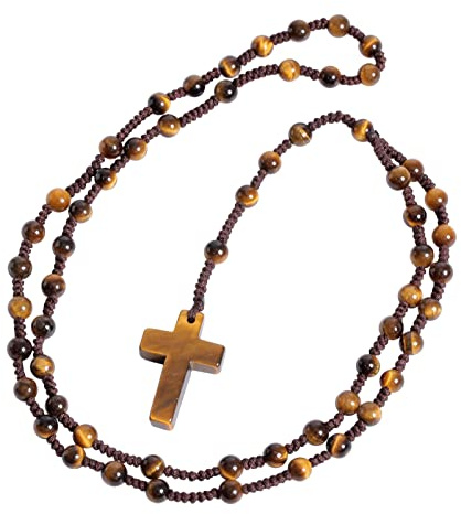 Nupuyai Kreuz Anhänger mit Rosenkranz Kette Edelstein Gebetskette für Damen | Edelstein Gebetskette Katholische Kreuz Halskette, Meditation Heilstein, Reiki Schmuck & Amulett für Damen Herren