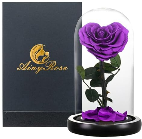 ZEYRU Eternal Preserved Roses In Glass Dome 5 Flower Heads Rose Forever Love Wedding Favor for Women Girlfriends-Purple Heart Rose Bo