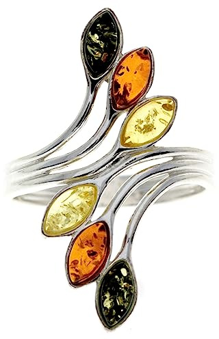SilverAmber Jewellery - Anillo de Plata de Ley 925 y Ámbar Báltico con Varias Piedras, Diseño de Plata de ley 925 y Ámbar Báltico, Multipiedra - M464, N, Piedra preciosa, Ámbar