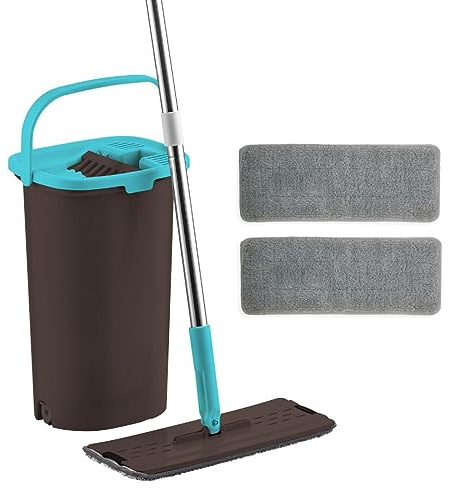 Orange Donkey Bodenwischer Set, Wischmopp flach + Eimer 10 L - schwarz, blau - 360 Grad drehbar, inkl. 2 wiederverwendbaren ErsatzMikrofasertücher- Doppelkammer Eimer für Nass- und Trockengebrauch