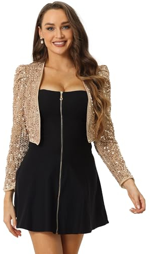 Allegra K Damen Pailletten Jacke Langarm Party Club Offen Glitzer Cardigan Kurzjacke Glitzer Bolero Champagner-Gold L