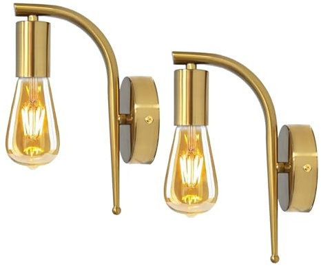 Wandleuchte Innen E27 Wandleuchte Metall 2 Stücke Wandlampe Vintage Retro Gebogene Wandleuchte Industrial für Schlafzimmer Wohnzimmer Esszimmer Balkon Loft-Gold