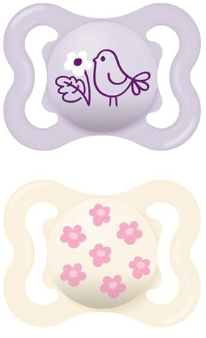 MAM Supreme Schnuller im 2er-Set, Baby Schnuller für eine gesunde Zahn- und Kieferentwicklung, beugt Hautreizungen vor, mit Schnullerbox, 0-6 Monate, Vogel/Gänseblümchen