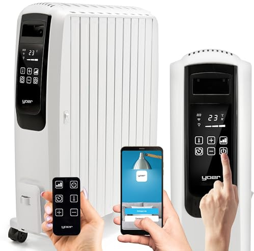Yoer Elektrischer Ölradiator, 2500W, 35 m², ECO, Elektronischer Thermostat | 7-Tage-Zeitschaltuhr, 3 Leistungsstufen, 10 Rippen, Kamineffekt, Wi-Fi, Inferno OFR1025W
