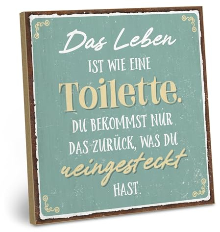 ARTFAVES® Wandbild Holzschild mit Spruch - Das Leben ist wie eine Toilette - Türschild Retro Vintage Deko Bild Geschenk - Bad, Badezimmer, WC, Toilette