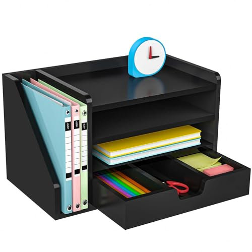 NiOffice Schreibtisch Organizer Holz, Dokumentenablage mit Seitlichem Aktenregal, 3 Ablagefächern & Schublade, Briefablage A4 für Büro und Arbeitszimmer, Aktenaufbewahrung und Papierablage (Schwarz)