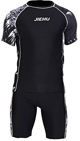 KBOPLEMQ Two Piece Swimsuit for Men UV Swimsuit Beach Wear Set UV Protection Swimming Shirt UPF 50+ Short Sleeve and Swimming Shorts for Surfing Swimming Running 2-Piece Swimming Set, O Black,