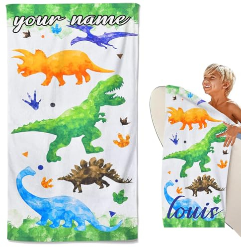 CHEFFS Personalisiert Dinosaurier Strandtuch Mit Namen, Dinosaurier Handtuch Badetuch Mit Namen Mikrofaser Strandtuch Groß 90x180 cm Badetuch Dinosaurier Kinder für Jungen (80 x 150 cm,1)
