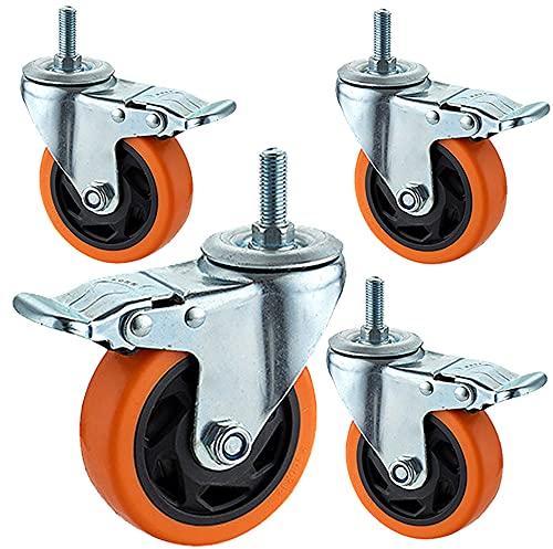 MYVVKIA Lenkrollen, 75/100 mm, robuste PU-Lenkrolle mit Bremse, M12-Gewinde, Schaftmontage, Industrierollen, geräuschlose Rollen, 4er-Set