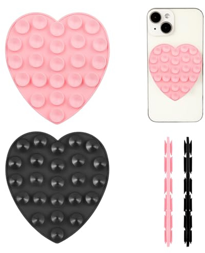 PEUTIER 2pcs Silicone Suction Phone Holder, Double Sided Suction Cup Phone Mount Heart Shaped Hand-Free Suction Phone Case Sweet Phone Sticky Grip for Mobile Devices Mirror Glass (Black, Pink)