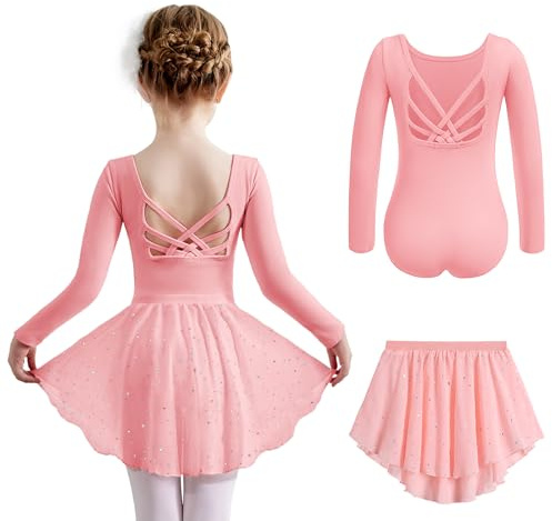 Arshiner Ballettkleidung für Mädchen Ballettkleider Kinder Baumwolle Balletttrikot Einfarbig Ballettrock Ballettanzug mit Rock Tütü Dunkel Rosa 130/3-4Jahre
