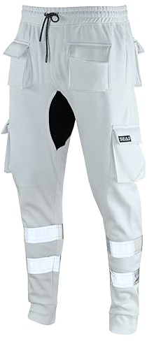 SEA3 Men's Hi Viz Vis High Visibility Fleece Slim Fit Work Cargo Painter Trousers Joggers Bottoms, White - S