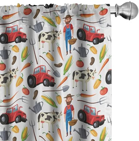 ABAKUHAUS Bauernhof Vorhänge 2er-Pack, Gärtner Landwirtschaft Traktor-Mais-Feld Kuh Gemüse Bauernhof Kartoffel Kinder, Vorhang für Wohnzimmer Schlafzimmer, 4 Stück 75 cm x 225 cm,Weiß Rot Gelb