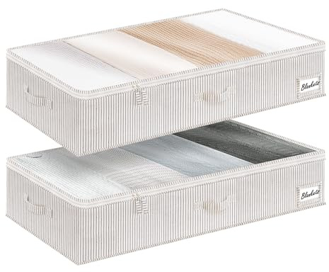 StorageWorks Under-sängsförvaringslådor med lock, stora organisationslådor för sovrum för filtar och sängkläder, stabila klädorganisatörer under sängen, gråvita randiga, 2-pack