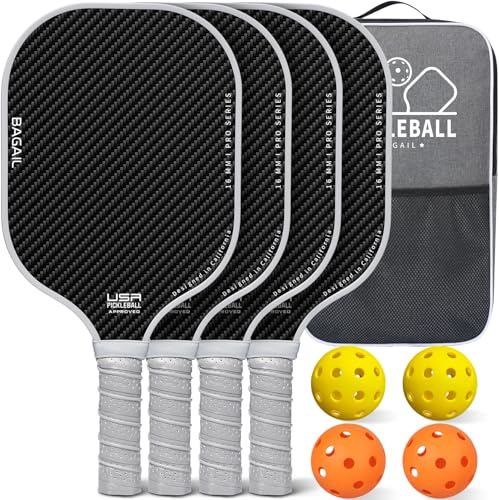 BAGAIL Raquettes de Pickleball, Ensemble de 4 avec 4 Balles, Légères - Absorption des Chocs élevée - Ergonomique, Adaptées aux Jeux en Intérieur et en Extérieur
