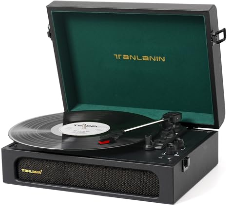 Vinyl Record Player with Built-in Speakers Bass/Treble Gain Vintage Portable Bluetooth Turntable Record Player Black & Green (Litchi Pattern)