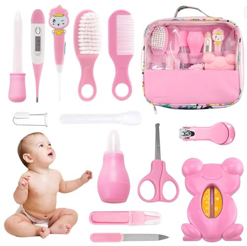 HyAdierTech Set per la Cura del Bambino, 13 pcs Baby Healthcare Kit, per Quotidiano eViaggi Termometro,Tagliaunghie, Alimentatore di Medicinali per Neonati Forbici Spazzola per capelli (Pink)