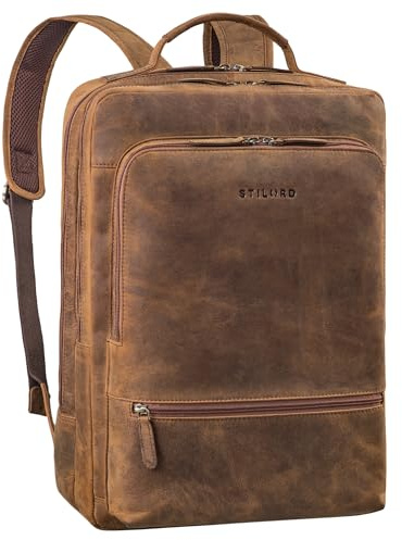 STILORD 'Christian' XL businessryggsäck män och kvinnor läder laptopryggsäck 15–17,3 tum vattentät läderryggsäck stor dagsryggsäck vintage arbetsryggsäck äkta läder, Sepia – brun, L