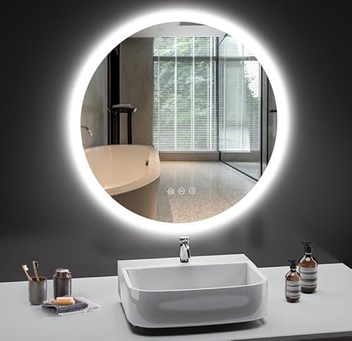 PESENSAN Badspiegel mit Beleuchtung Rund 60cm, Badezimmerspiegel mit 3 Lichtfarbe Dimmbar, Anti-Beschlag LED Spiegel Bad mit Touch, Speicherfunktion, Badezimmerspiegel Wandspiegel Rund