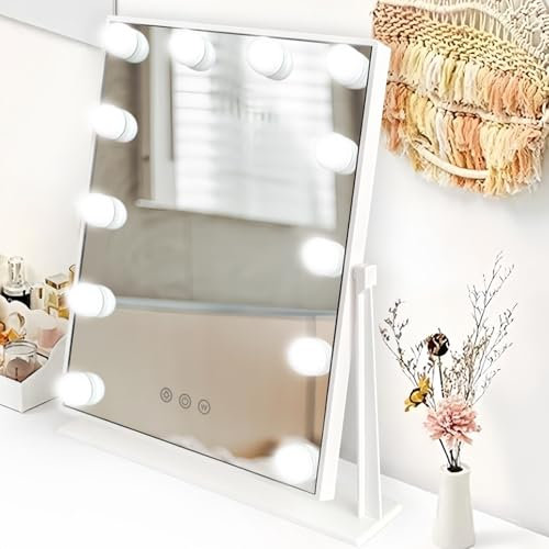 Hibtn Hollywood Vanity Mirror With Lights,Lighted Makeup Mirror With 12 Dimmable Led Bulbs With 3 Color Light,Touchscreen Control, Dressing Tabletop USB Charging