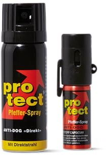 2 Stück Pfefferspray KO Spray Protect Anti-Dog Direktstrahl 50 ml + Breitstrahl 15 ml zur Selbstverteidigung Abwehrspray extrem stark 1 Mio. Scoville