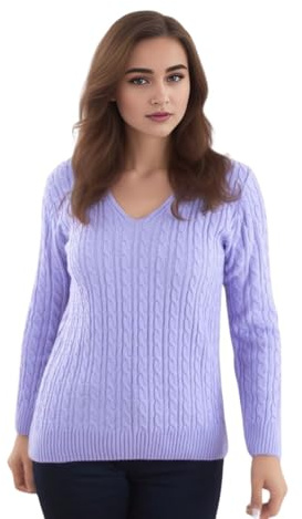 WearAll Women's Plus Cable Knitted Long Sleeve V-Neck Sweater Top Ladies Stretch Jumper - Lilac - 12-14