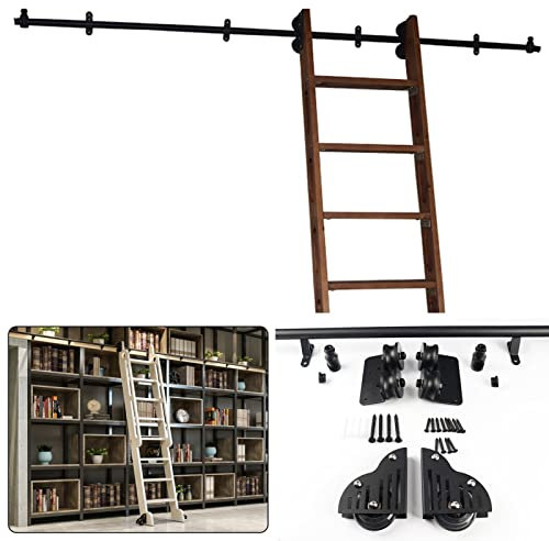 YUSAJJ Hardware-Kit für Schiebeleitern für Bibliotheken | Gleitschienen aus rundem Rohr aus Karbonstahl | Rollenschiene für robuste Innenschiebetüren aus Holz im Scheunenstil, schwarz (Gr
