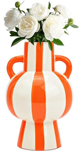 matches21 HOME & HOBBY Blumenvase bunt gestreift, orange weiß in Ø 15 x 24 cm - Moderne Keramik Vase als Wohnzimmerdeko