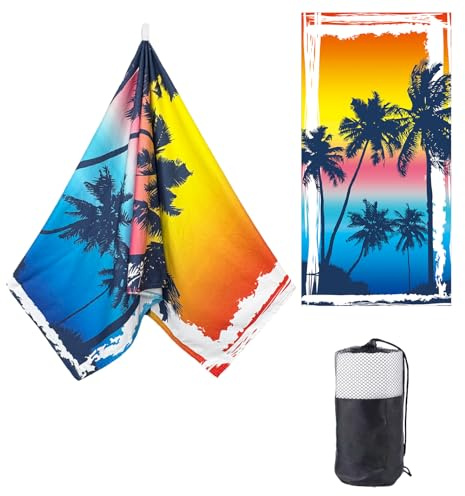 ZTYROLJ Strandtuch Groß 90x180 cm Strandlaken Kokosnussbaum-Muster Mikrofaser Frottee Velours Badetuch Pflegeleicht Weich und Schnelltrocknendes Badetuch Strand, Ausgestattet mit Aufbewahrungstasche