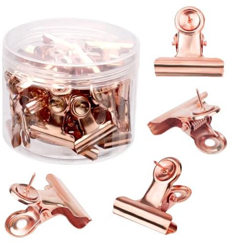 30pcs Punaises Clips, Pinces Bulldog avec Punaises Métal Porte-Punaises Accessoires pour Tableau d'Affichage Tableau en Liège pour Mur Box Bureau à Domicile (Or Rose)